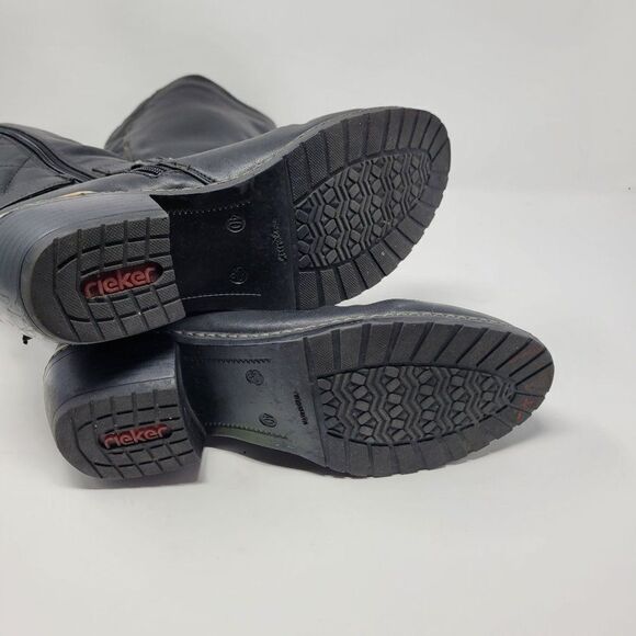 Rieker‎ Vegan Leather Black Knee High Zip Up Boots 40 Belted Buckle Quilted - Picture 10 of 12
